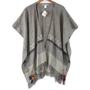 Noonday Collection Shawl Wool Wrap Sweater Fringe Pom Pom Tassel Aztec Boho Gray